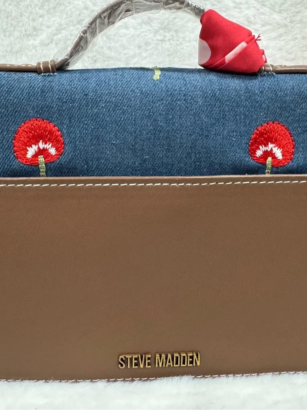 NWOT Steve Madden Denim Cherry Embroidered Top-Handle Bag - Blue/Red